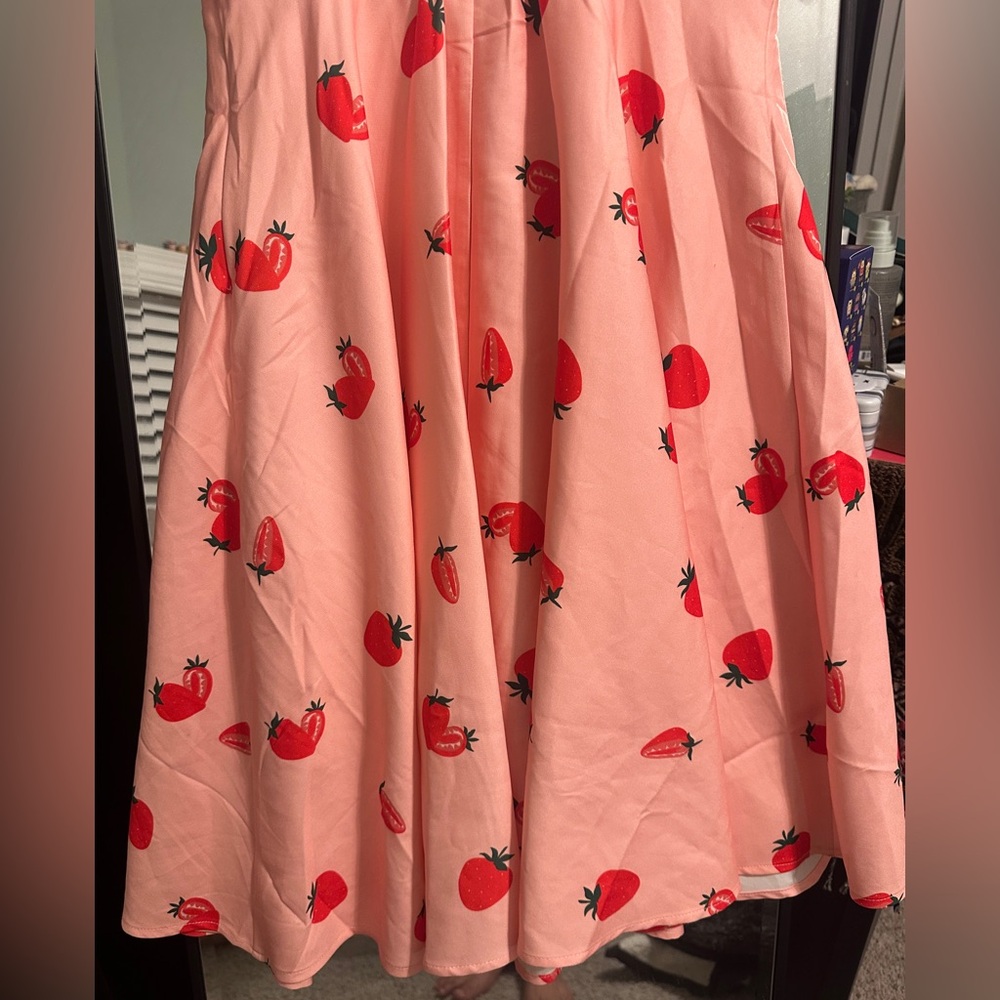 NWT Belle Poque Strawberry Print Pink Swing Midi A Line Dress - Picture 7 of 12
